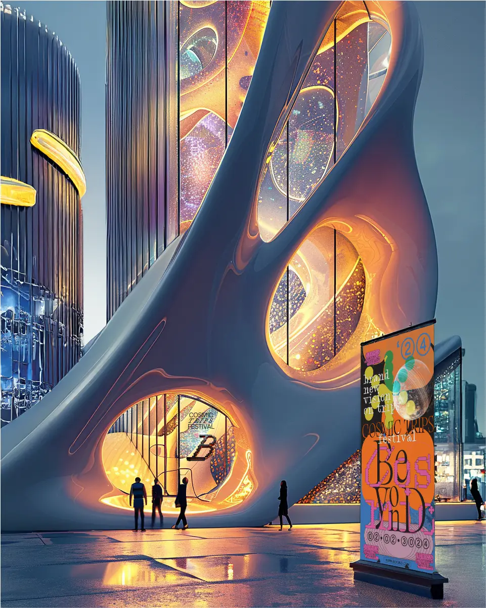 colorful scifi building entrance with banner design for cosmic trip festival